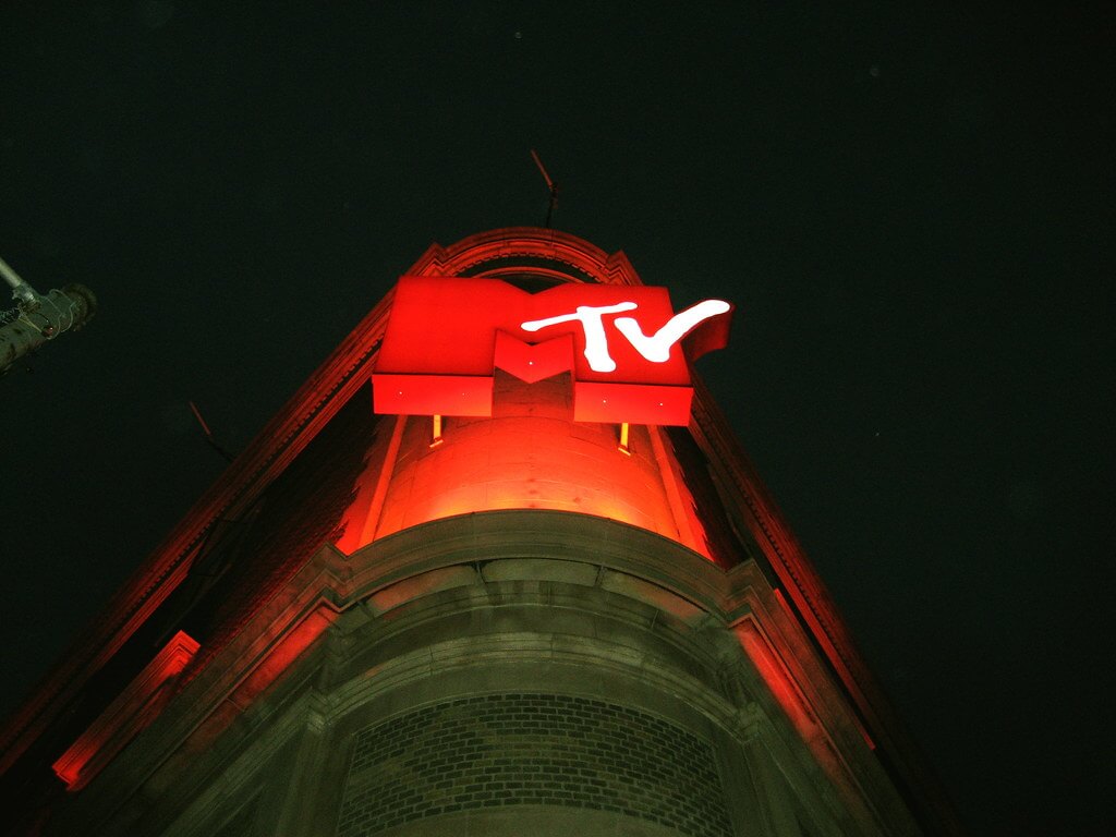 The iconic MTV logo displayed prominently on the exterior of a building, representing the famous music and entertainment brand.